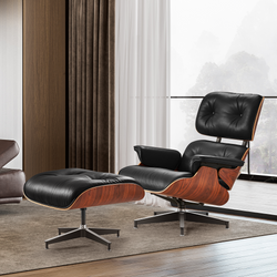 Box Leather Palisander Plywood Lounge Chair and Ottoman - Eames Replica