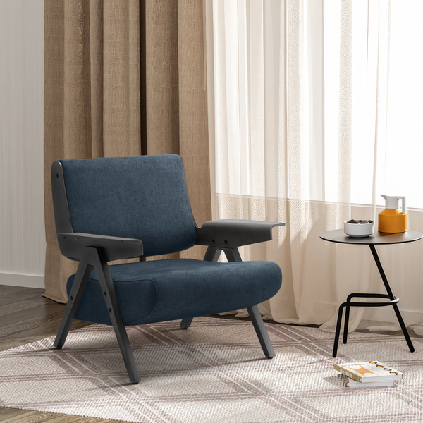 Mid-Century Modern Chair Linen Accent Chair Upholstered ArmChair with Solid Wood Legs Soft Cushion Armchair for Living Room, Blue