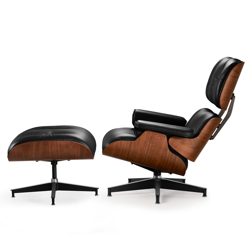 Box Leather Walnut Plywood Lounge Chair and Ottoman - Eames Replica