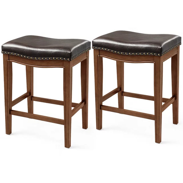Cottinch 26" Backless Counter Height Bar Stools, Leather Saddle Stools for Kitchen Counters, Set of 2, Walnut