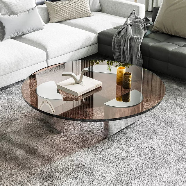 Round Glass Coffee Table, Tempered Modern Coffee Table for Living Room, Office, Bronzed