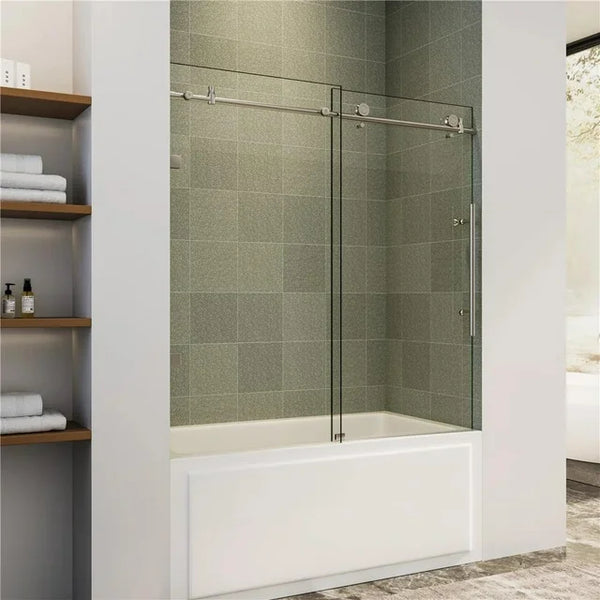 Cottinch Frameless Tub Door 60"W x 62"H Single Sliding Shower Doors, Clear Glass, Nickel