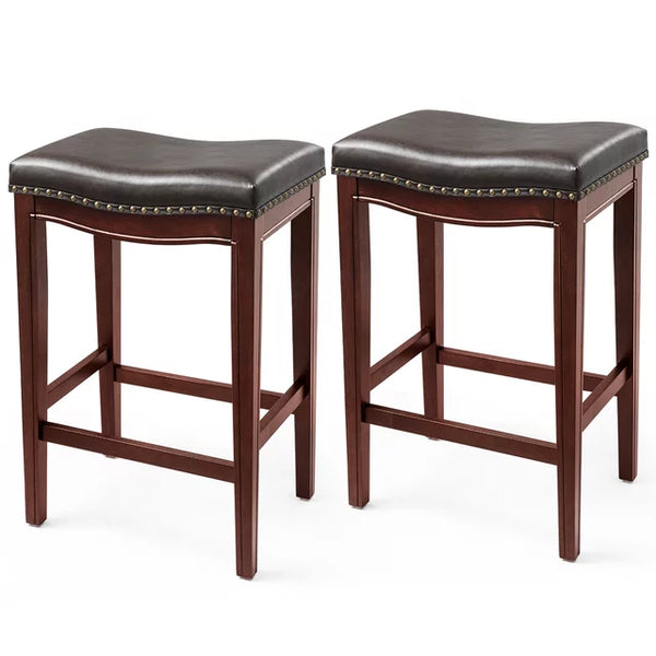 1inchome Counter Height Bar Stools 30" Backless Leather Saddle Stool for Kitchen Counter Upholstered Brass Nailhead Counter Stool Set of 2, Wenge