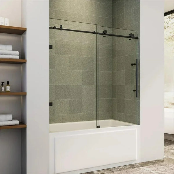 Cottinch Frameless Tub Door 60"W x 62"H Single Sliding Shower Doors, Clear Glass, Black