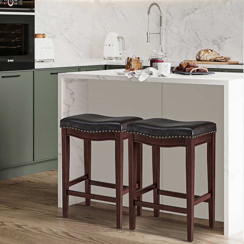 Cottinch 30" Backless Counter Height Bar Stools, Leather Saddle Stools for Dining Room, Kitchen Bar, Set of 2, Rosewood