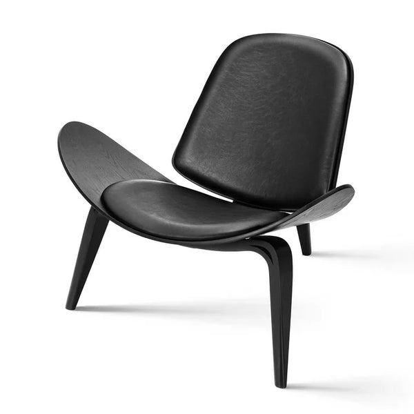 Three-Legged Shell Chair Mid-Century Modern Wood Chair With Black PU Leather Chair For Living Room, Reading Side Chair, Study, Office，Ash Wood