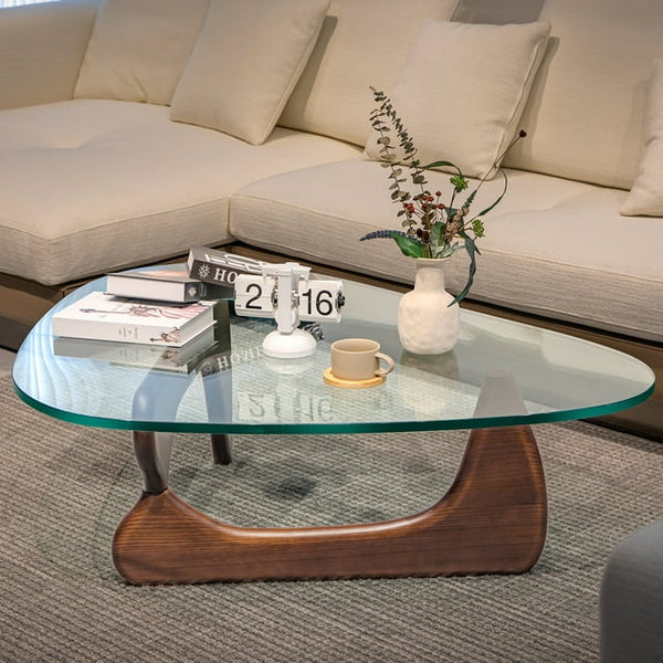 Cottinch 50" Triangle Glass Coffee Table with Wood Base for Living Room Office, Dark Walnut