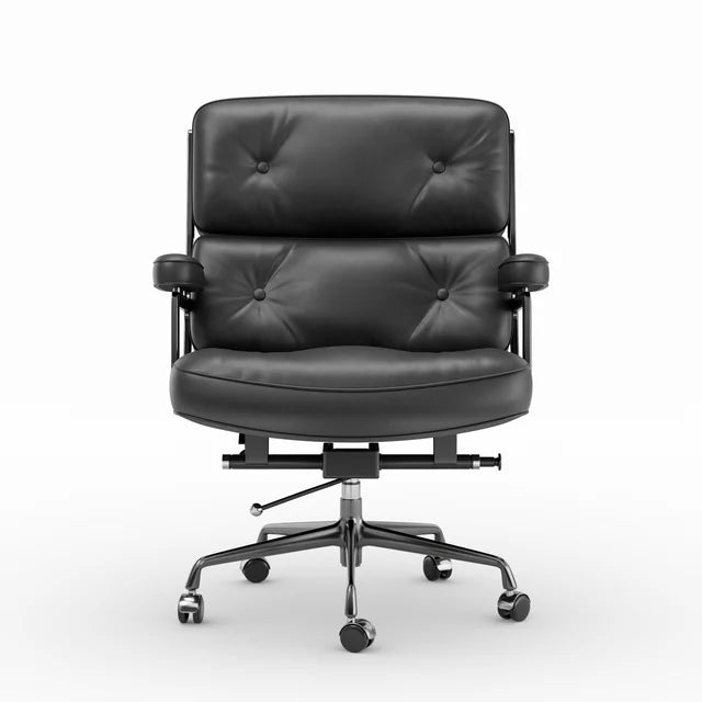 Mid Back Genuine Leather Office Chair, Adjustable Height and Liftable Swivel Computer Chair with Rolling Casters for Home Office Use, Black
