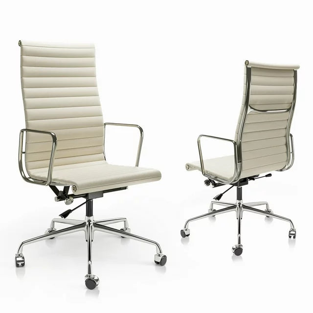 High-Back Ergonomic Ribbed Office Chair Leather Task Chair Desk Chair,Height Adjustable,Swing Function,White 1pc