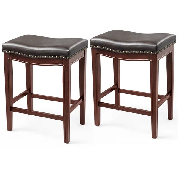 Cottinch 26" Backless Counter Height Bar Stools, Leather Saddle Stools for Dining Room, Kitchen Bar, Set of 2, Rosewood