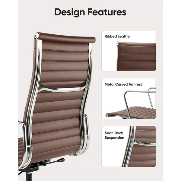 High-Back Ribbed Office Chair Adjustable Leather Computer Chair Ergonomic Lumbar Support,Swivel Desk Chair,Brown 1pc