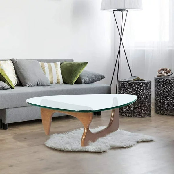 Cottinch 50" Triangle Glass Coffee Table with Wood Base for Living Room Office, Light Walnut