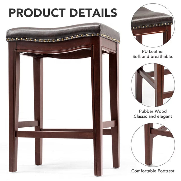 1inchome Counter Height Bar Stools 30" Backless Leather Saddle Stool for Kitchen Counter Upholstered Brass Nailhead Counter Stool Set of 2, Wenge