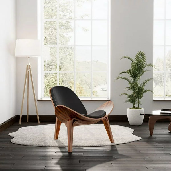 Three-Legged Shell Chair Mid-Century Modern Wood Chair With Black PU Leather Chair For Living Room, Reading Side Chair, Study, Office, Ash Wood, Rosewood