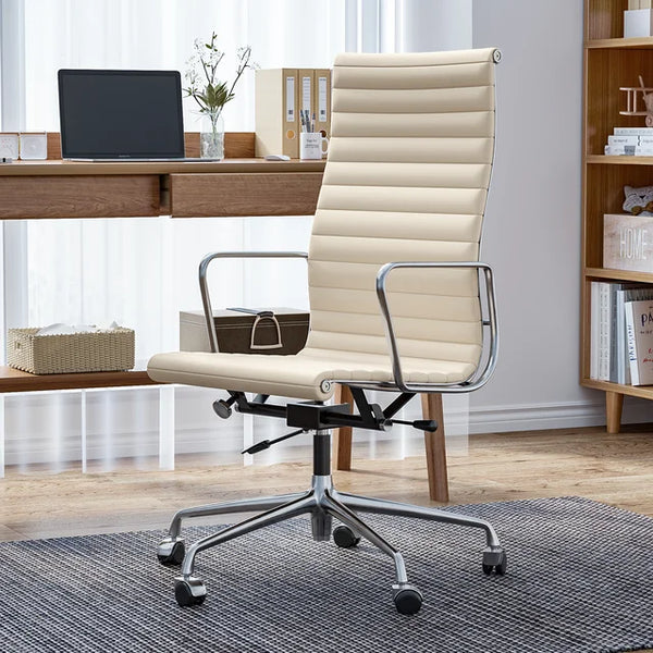 Ribbed Genuine Leather Office Chair, Hight Back, Adjustable Ergonomic Computer Chair for Home Office Use, White, 1PC
