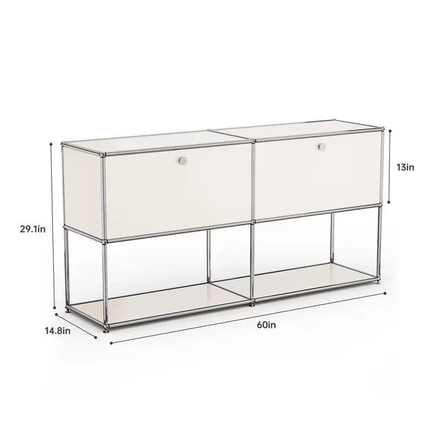 2 Tier Storage Cabinets Stainless Steel Organizer with 2 Open Shelf and 2 Cabinets,Standing Cabinets Bookshelf,White