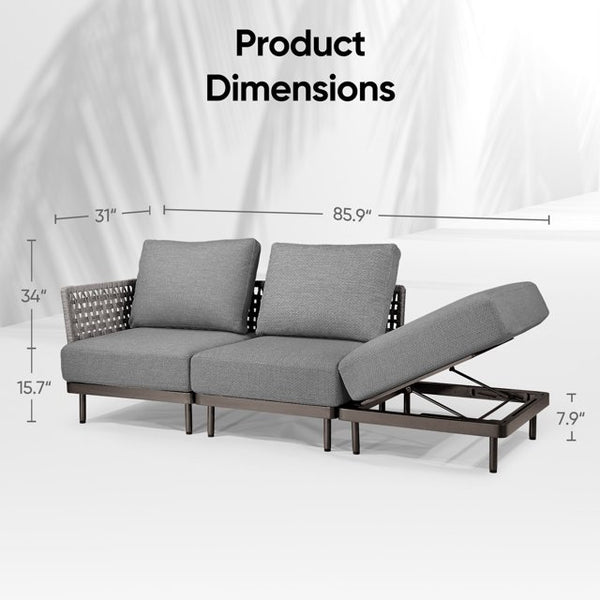 Cottinch 3-Pieces Patio Furniture Set Sectional Sofa with Ottoman Outdoor All-Weather Rattan Conversation Sofa,Dark Gray
