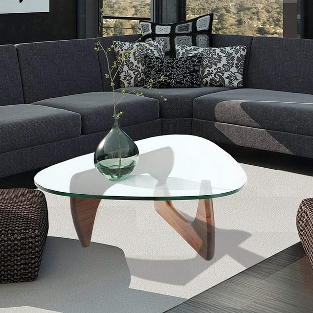 Cottinch 50" Triangle Glass Coffee Table with Wood Base for Living Room Office, Light Walnut