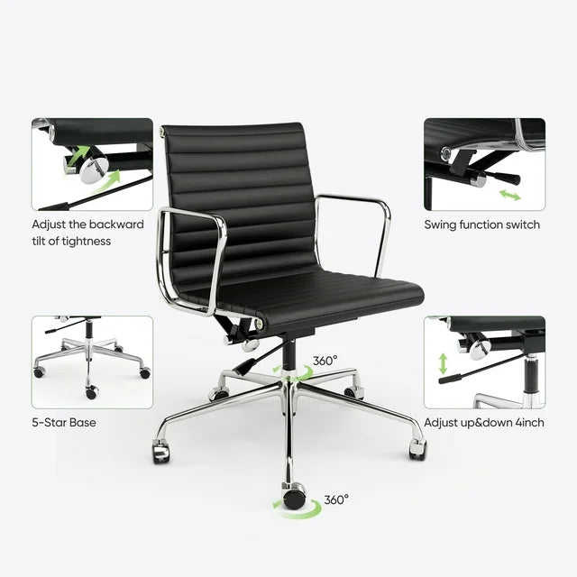 Mid-Back Executive Chair Leather Ribbed Office Chair with Armrest and Lumbar Support Swivel Ergonomic Desk Chair,Black 1pc