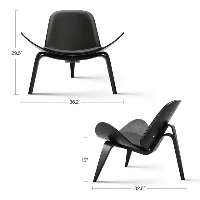 Three-Legged Shell Chair Mid-Century Modern Wood Chair With Black PU Leather Chair For Living Room, Reading Side Chair, Study, Office，Ash Wood