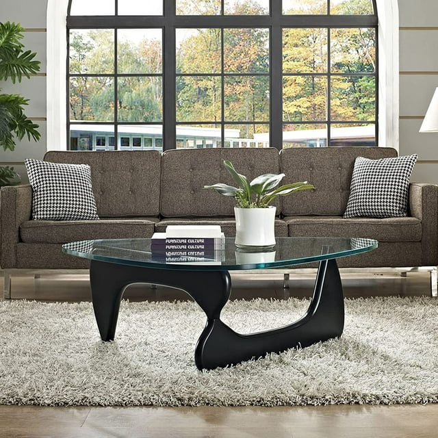 Cottinch 50" Triangle Glass Coffee Table with Wood Base for Living Room Office, Black
