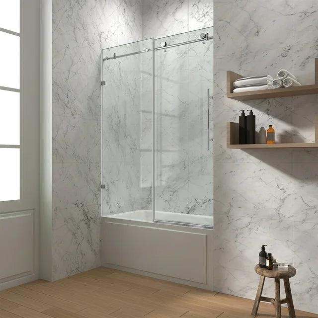 Cottinch Frameless Tub Door 60"W x 62"H Single Sliding Shower Doors, Clear Glass, Chrome