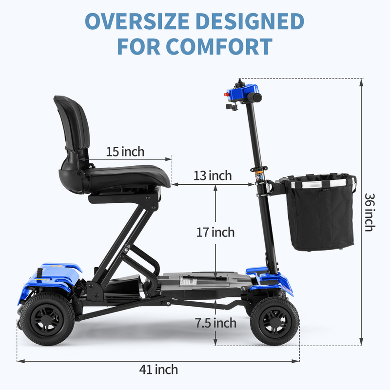 4 Wheels Mobility Scooter Collapsible Folding Travel Mobility Scooter w/Basket and Extended Battery Electric Wheelchair for Seniors Adults Blue