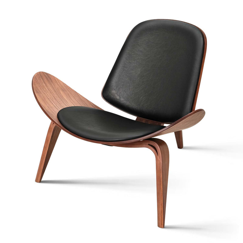 Three-Legged Shell Chair Mid-Century Modern Wood Chair With Black PU Leather Chair For Living Room, Reading Side Chair, Study, Office, Ash Wood, Walnut
