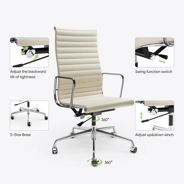Ribbed Genuine Leather Office Chair, Hight Back, Adjustable Ergonomic Computer Chair for Home Office Use, White, 1PC