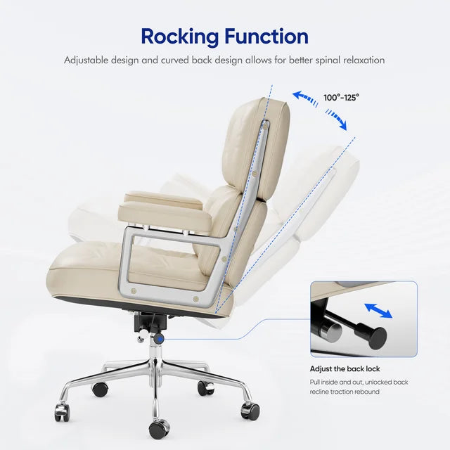 Mid Back Genuine Leather Office Chair, Adjustable Height and Liftable Swivel Computer Chair with Rolling Casters for Home Office Use, White