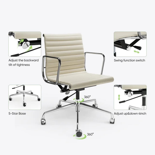 Ribbed Genuine Leather Office Chair, Mid Back, Adjustable Ergonomic Computer Chair for Home Office Use, White, 1PC