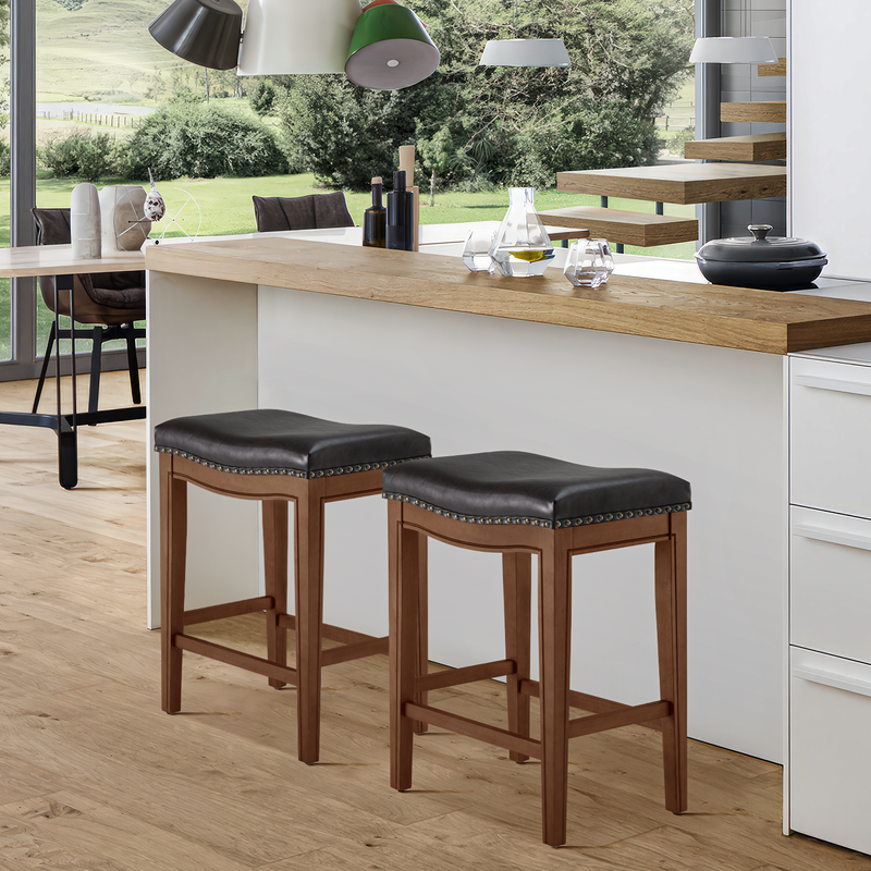 Cottinch 26" Backless Counter Height Bar Stools, Leather Saddle Stools for Kitchen Counters, Set of 2, Walnut