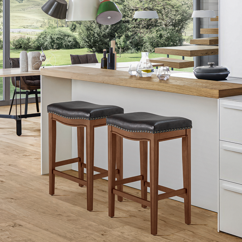 Cottinch 30" Backless Counter Height Bar Stools, Leather Saddle Stools for Kitchen Counters, Set of 2, Walnut