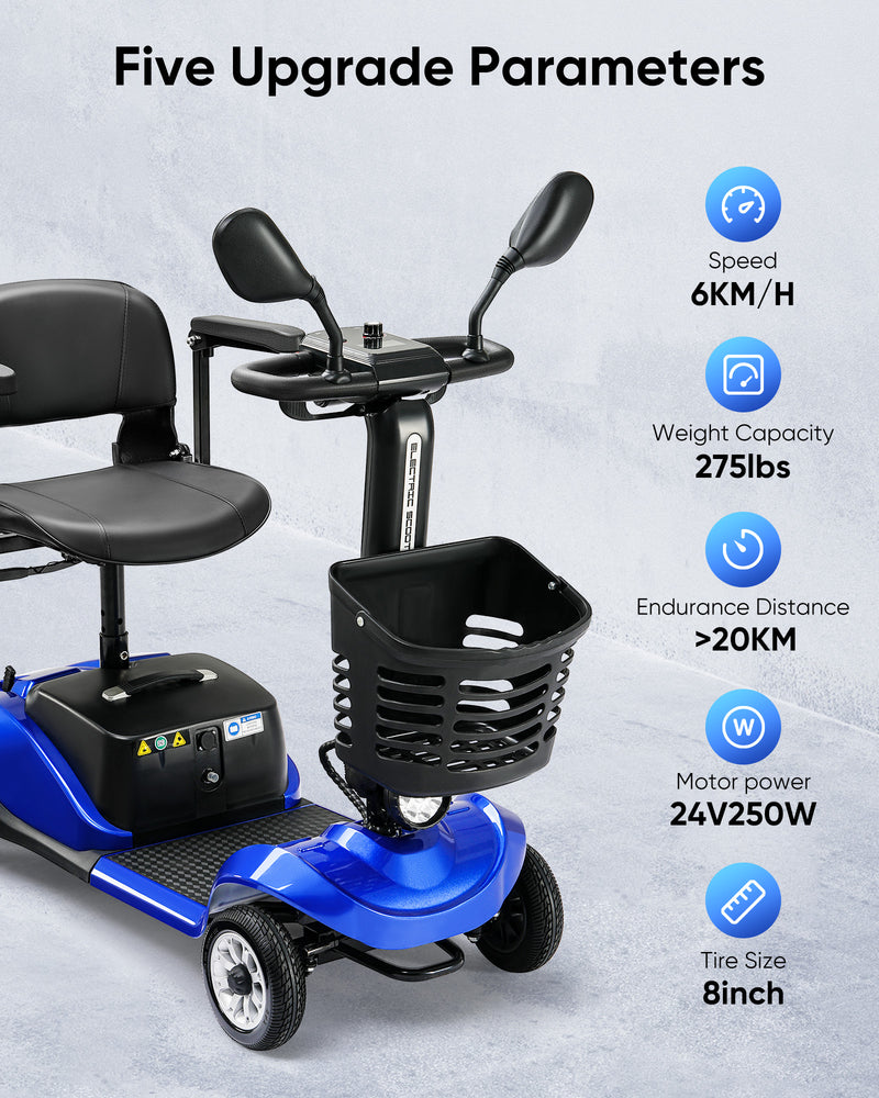 4 Wheels Mobility Scooter Electric Mobility Scooter Wheelchair w/Basket and Extended Battery for Seniors Adults Blue