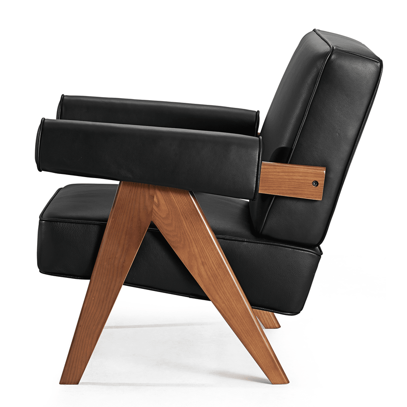 Leather Armchair Modern Accent Arm Chair Mid Century Upholstered Soft Sofa Chair with Wood Frame for Living Room/Bedroom/Office,Black