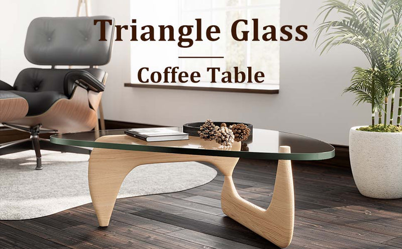 Cottinch 50" Triangle Glass Coffee Table with Wood Base for Living Room Office, Light Walnut, Natural Wood