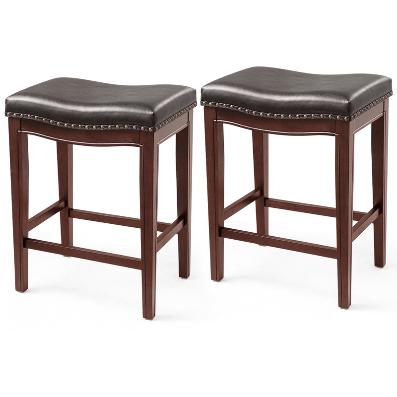 1inchome 2 Piece Saddle Stool 25" Bar Stool Wooden Vintage Counter Stool, Backless Faux Leather Counter Stool for Kitchen Dining Bar and Bistro Brown