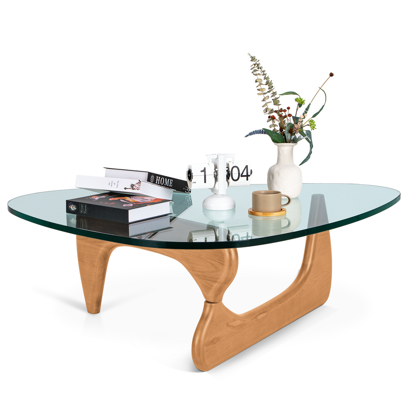Triangle Glass Coffee Table with Solid Wood Base Irregular Tempered Glass Top Table for Living Room,Light Walnut