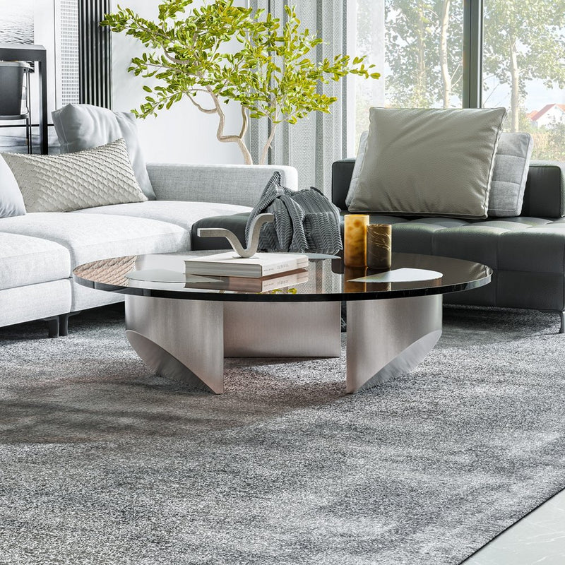 Round Coffee Table Tempered Glass End Table Wedge Coffee Table with Metal Brushed Steel Base for Home Living Room,Bronzed