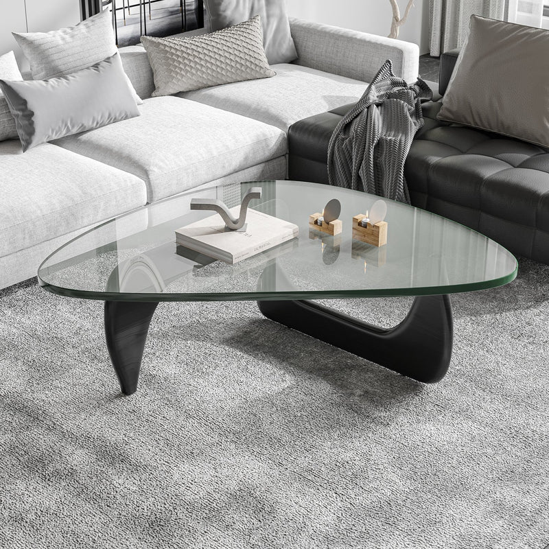 Triangle Glass Coffee Table Clear Glass Top Table with Black Base Solid Wooden End Table for Living Room
