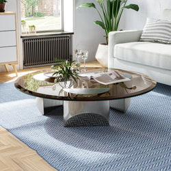 Glass Coffee Table Thickened Round Table Tempered Glass End Table Tea Table w/ Heavy Duty Polished Steel Base,Bronzed