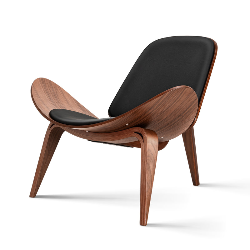 Three-Legged Shell Chair Mid-Century Modern Wood Chair With Black PU Leather Chair For Living Room, Reading Side Chair, Study, Office, Ash Wood, Walnut
