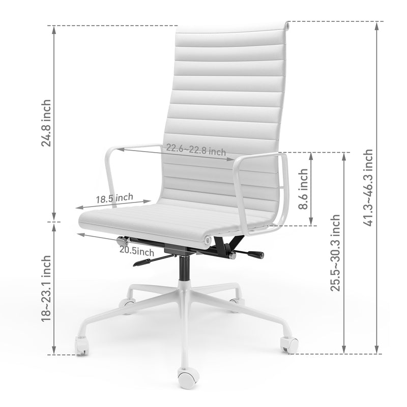 Ribbed Genuine Leather Office Chair, Hight Back, Adjustable Ergonomic Computer Chair for Home Office Use, White