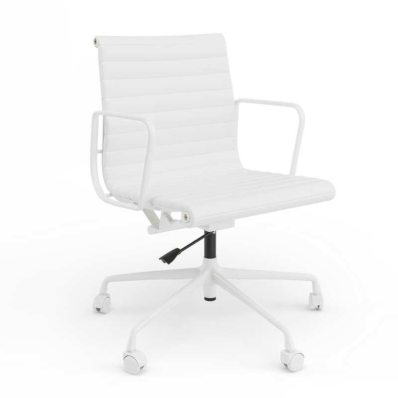 Ribbed Genuine Leather Office Chair, Mid Back, Adjustable Ergonomic Computer Chair for Home Office Use, White