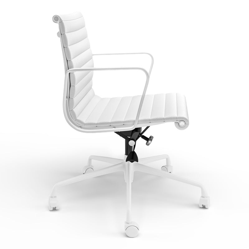Ribbed Genuine Leather Office Chair, Mid Back, Adjustable Ergonomic Computer Chair for Home Office Use, White