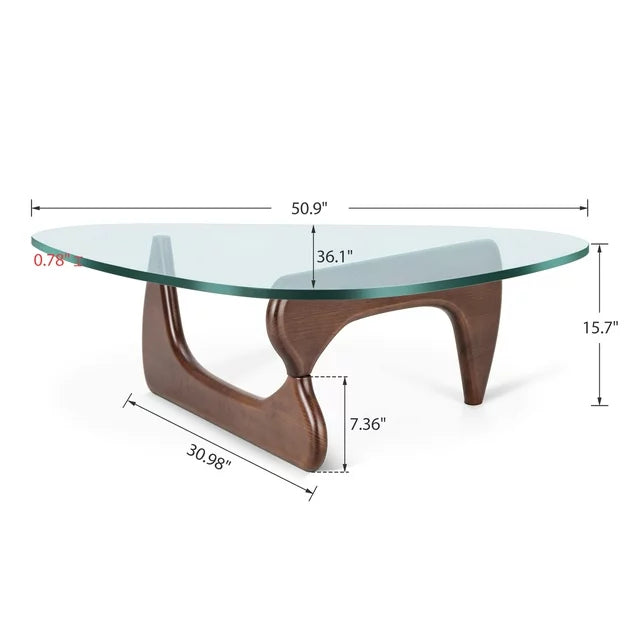 Raffle Pinker Triangle Glass Coffee Table 0.8" Thick Tempered Glass Coffee Table with Solid Dark Walnut Base for Living Room