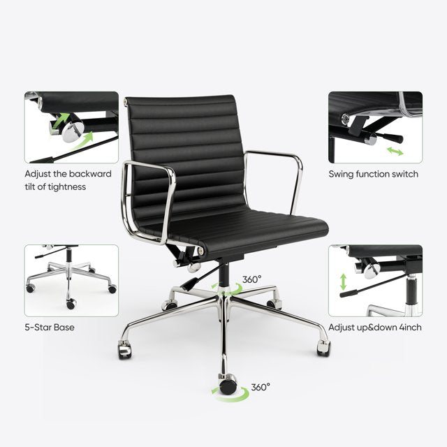 Mid-Back Executive Chair Leather Office Chair with Armrest and Lumbar Support Swivel Task Chair Ergonomic Desk Chair,Black