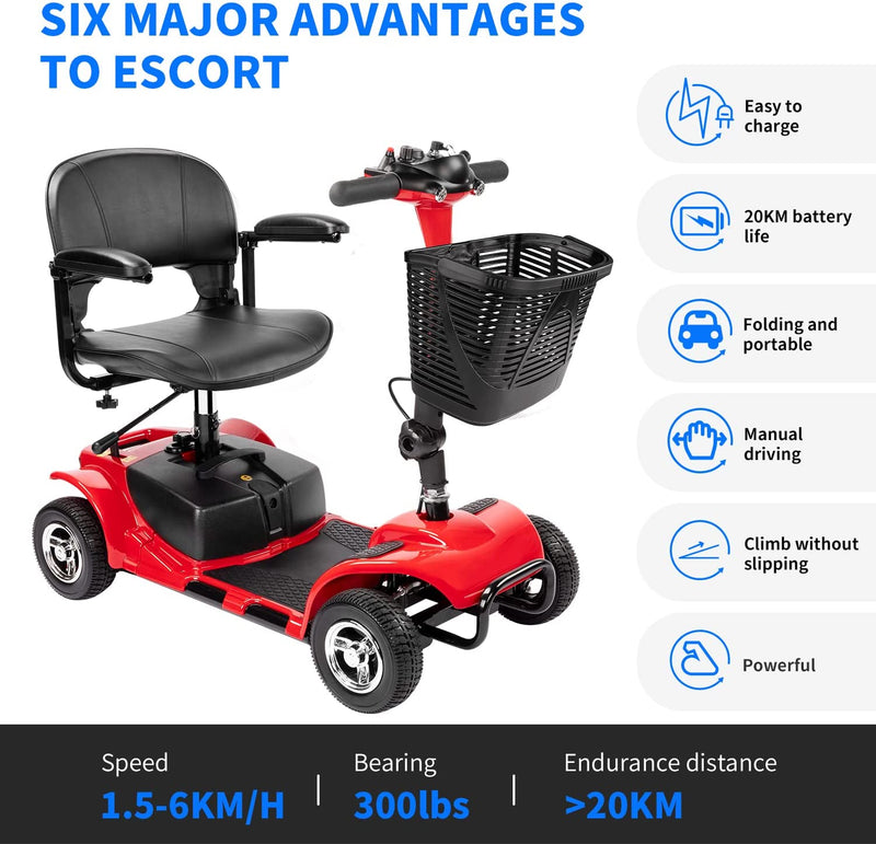 1inchome  4 Wheels Mobility Scooter, Electric Powered Wheelchair Device for Travel, Adults, Elderly, Red