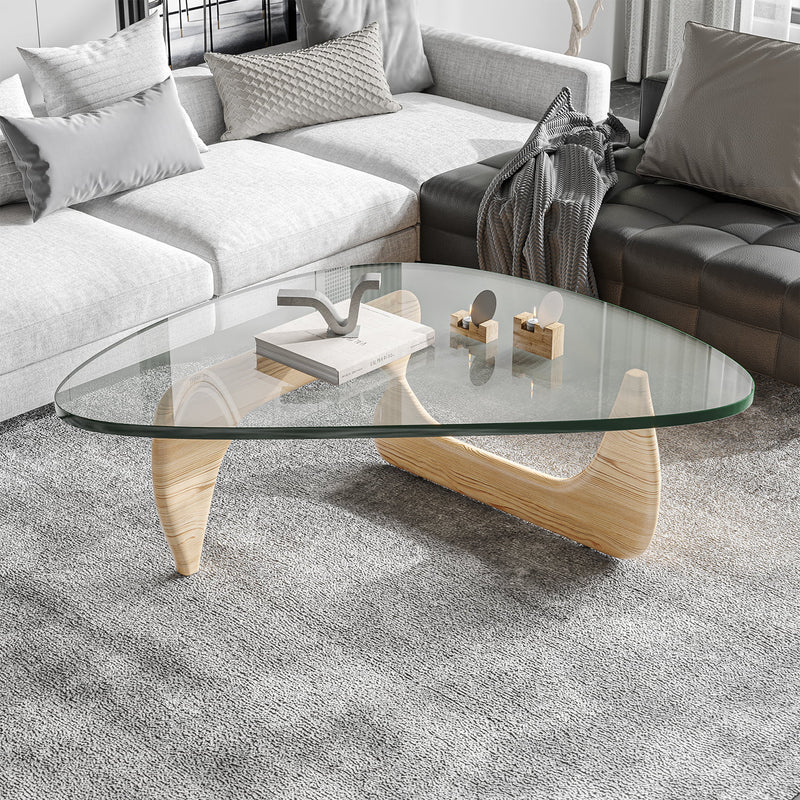 Glass Coffee Table Triangle Tempered Glass Coffee Table End Table with Solid Natural Wood Base for Living Room