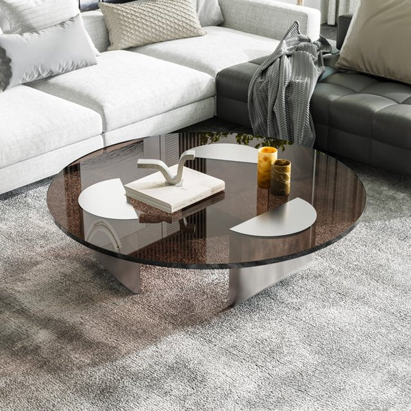 Round Coffee Table Tempered Glass End Table Wedge Coffee Table with Metal Brushed Steel Base for Home Living Room,Bronzed